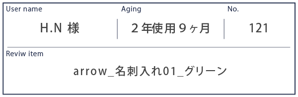 Alt81ご愛用者様レビュー  H.N 様 arrow_名刺入れ01_グリーン ２年９カ月使用