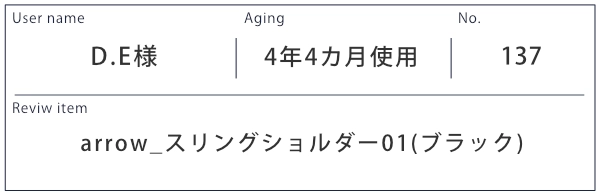 Alt81ご愛用者様レビュー  D.E 様 arrow_スリングショルダー01_ブラック ４年４カ月使用