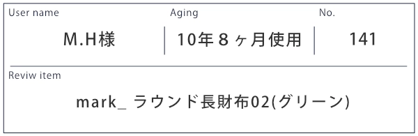 Alt81ご愛用者様レビュー  M.H 様 mark_ラウンド長財布02_グリーン １０年８カ月使用