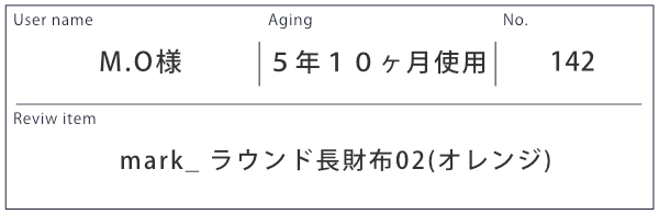 Alt81ご愛用者様レビュー  M.O 様 mark_ラウンド長財布02_オレンジ ５年１０カ月使用